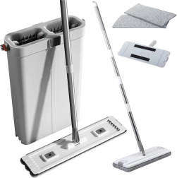 Set de curățenie cu mop plat și găleată cu două compartimente din microfibră