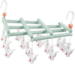 Umeraș pliabil pentru rufe cu cleme, 14 cleme, verde