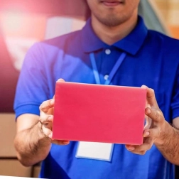 Pungi curierat din plastic roșu cu decupaj pentru mâner 500 × 600 + 70 mm, 50 buc, imprimare Thank You