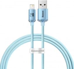 Cablu USB pentru dispozitive Apple Baseus Crystal Shine, 2.4A, 1.2m în culoare albastră