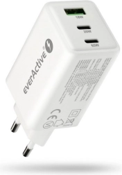 Încărcător de rețea everActive GaN 65W cu USB și 2× USB‑C PD PPS QC4+, alb