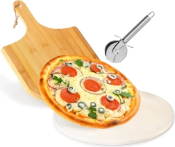 Piatră din șamotă pentru pizza cu paletă din bambus și tăietor din inox, set 3 piese