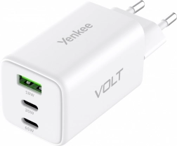 Încărcător de rețea VOLT 65 W GaN, 3× USB (2× USB‑C + 1× USB‑A) cu Power Delivery 3.0 și QC 4.0