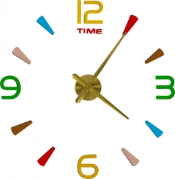 Ceas de perete autocolant DIY, 80–90 cm, limbi aurii, marcaje colorate, 4 cifre