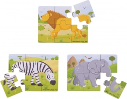 Puzzle din lemn 3‑în‑1 Safari animale BIGJIGS TOYS