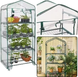 Mini seră de grădină pentru balcon cu 4 rafturi, metalică, folie PVC 69 x 49 x 157 cm