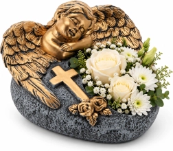 Ghiveci de cimitir din ciment, cu înger, gri închis-auriu, 16 × 17,5 × 11 cm