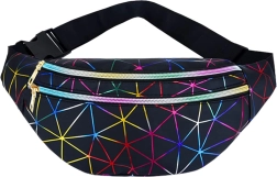 Borsetă unisex cu model geometric holografic, 3 buzunare, curea reglabilă