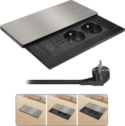 Bloc de prize încastrat Solight cu capac glisant, HDMI și încărcare USB 20 W PD, argintiu