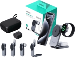 Încărcător wireless magnetic 3‑în‑1 AUKEY MagFusion, Qi2 15 W, gri