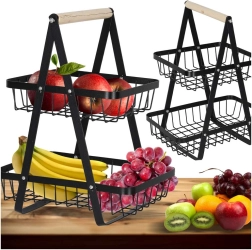 Coș metalic cu două niveluri pentru fructe, cu mâner din lemn
