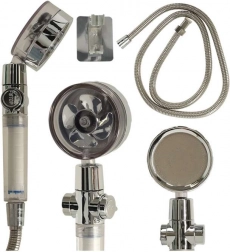 Cap de duș argintiu cu turbină și furtun