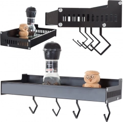 Etajeră de perete din aluminiu pentru condimente cu cârlige, neagră