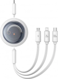 Cablu extensibil de încărcare rapidă 3‑în‑1 BASEUS Free2Draw, USB‑C la USB‑C/Lightning/Micro, 100W, 1,1 m, alb