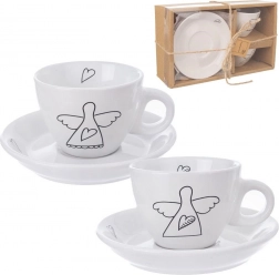 Cești espresso din ceramică cu farfurioare 90 ml, alb, set 2 buc