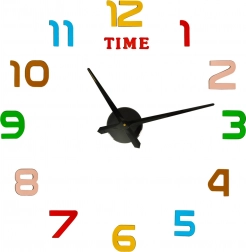 Ceas de perete DIY autocolant, diametru 80–90 cm, cifre colorate, ace negre