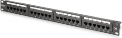 Patch panel 19" 24× RJ45 Cat 6, ne-ecranat, 1U, LSA, ghidare cabluri, câmpuri de etichetare, negru