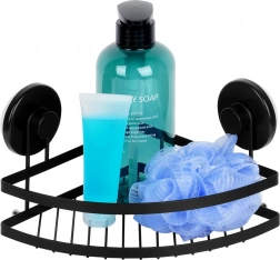 Etajeră de colț pentru duș cu ventuze, metal negru 24 × 18 × 12,5 cm