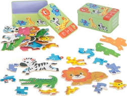Puzzle pentru copii în cutie metalică – animale din safari, 25 piese