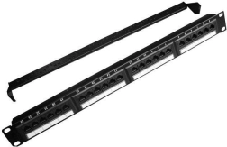 Patch panel 24 porturi 1U 19'' Cat.5e cu funcție de management al cablurilor, negru