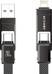 BlitzWolf cablu 4‑în‑1 de încărcare și date USB‑A/USB‑C/Lightning 240 W 1,2 m negru