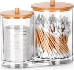 Organizator dublu pentru bețișoare de urechi și discuri demachiante cu capace din bambus