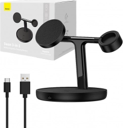 stand de încărcare wireless magnetic BASEUS Swan 3 în 1, 15 W MagSafe, negru