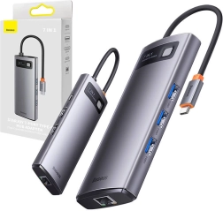 Hub USB‑C Baseus 7‑în‑1 Metal Gleam (3× USB 3.0, HDMI, VGA, Ethernet RJ45, PD 100 W)