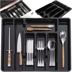 Organizator extensibil din plastic pentru tacâmuri, pentru sertarul din bucătărie