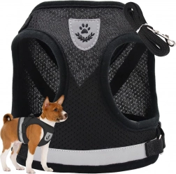 Ham fără presiune pentru câini, pisici și iepuri XS – negru, reflectorizant, cu lesă