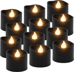 Lumânări tip pastilă LED Ruhhy negre 3,6 cm, 12 buc., efect de flacără