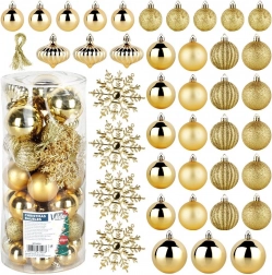 Vilde ornamente de Crăciun aurii, indestructibile, 40 buc (4/5/6 cm + fulgi de zăpadă 10 cm)