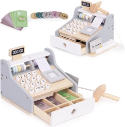 Casă de marcat din lemn pentru copii cu scanner, monede și card de plată ECOTOYS