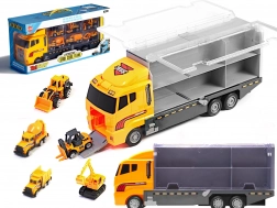 Set camion remorcher cu transportor și 6 mini vehicule de construcții