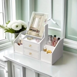 Organizator cosmetic elegant cu oglindă – cutie de bijuterii și mini măsuță de toaletă