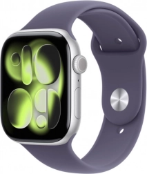 Apple Watch Series 11 GPS carcasă din aluminiu 46 mm, argintiu, cu brățară sport liliachiu lăptos M/L