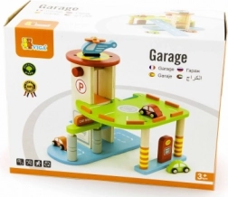 Garajă din lemn cu mașinuțe și elicopter