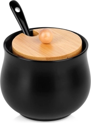 Zahărniță ceramică neagră cu capac din bambus și linguriță 250 ml
