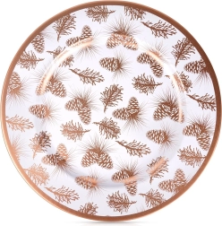 Suport decorativ pentru farfurie 33 cm – alb cu motiv de conuri de brad din cupru