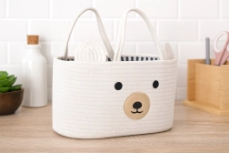 Coș textil alb pentru jucării în formă de ursuleț, cu mânere 35 × 25 × 21 cm