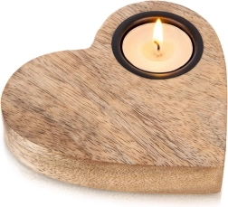 Suport din lemn pentru lumânare tip tealight din mango în formă de inimă 13 × 12 cm