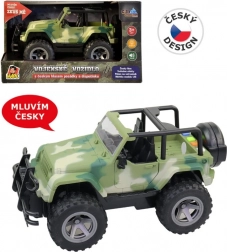Jeep militar cu mecanism cu inerție, cu lumini și sunete ale echipajului în limba cehă 1:16