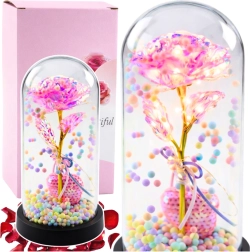 Trandafir etern roz sub cupolă de sticlă cu iluminare LED, inimioară și biluțe colorate