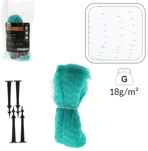 Plasă de protecție împotriva păsărilor 2 × 10 m, 5 g/m², verde + 6 țăruși de ancorare