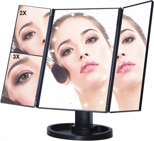 Oglindă cosmetică LED cu iluminare, 22 LED, mărire 2x și 3x, neagră