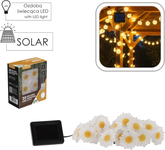 Ghirlandă solară de grădină margarete 20 LED, alb cald, 2 + 3,8 m