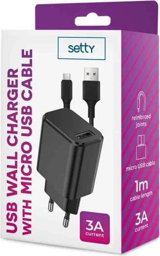 Încărcător de rețea SETTY 1x USB 3A negru + cablu microUSB 1 m