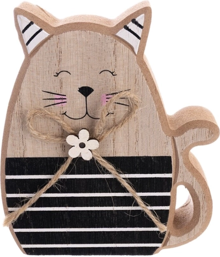 Decorațiune din lemn pisică bej/negru 12 cm