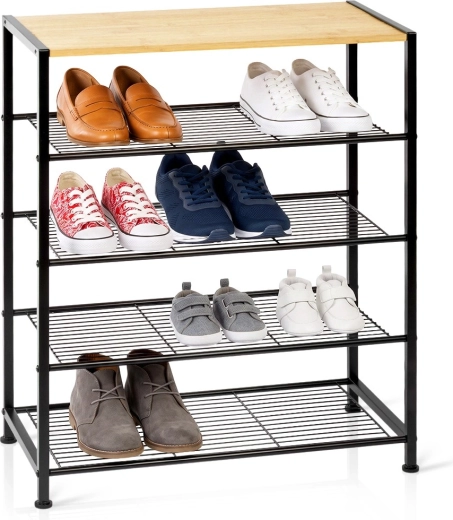 Pantofar metalic Vilde negru cu 5 polițe și blat din bambus 60 × 30 × 74 cm