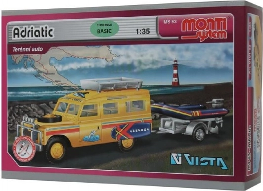 Set de construcție Monti System MS 63 Adriatic Land Rover-remorcă cu barcă/șalupă 1:35 în cutie 22x15x6cm